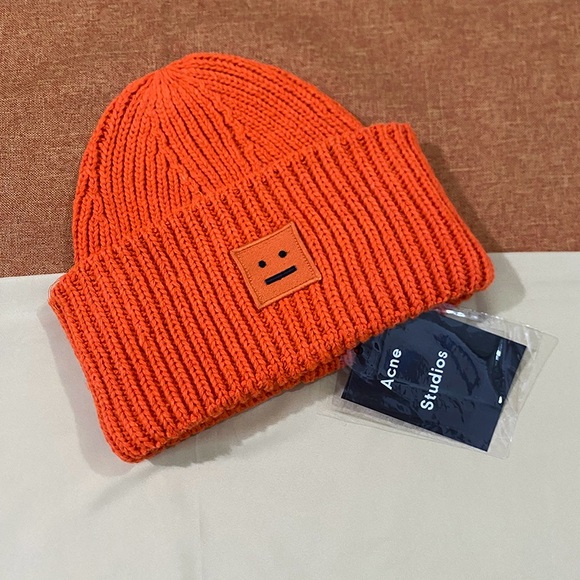 Acne Studios Accessories - Acne Studios Orange Mini Face Patch Logo Knit Beanie